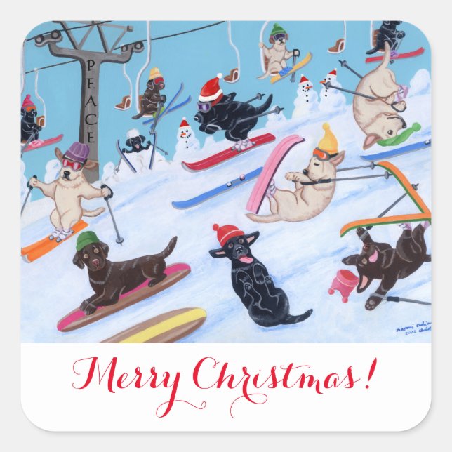 Winter Fun Skiing Labradors Painting Square Sticker (Front)