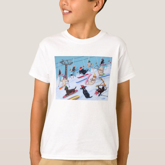 Winter Fun Skiing Labradors Painting T-Shirt (Front)