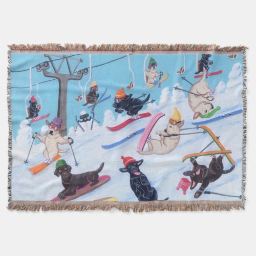 Winter Fun Skiing Labradors Throw Blanket