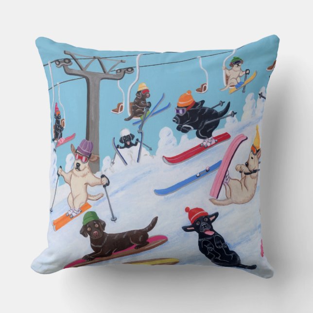 Winter Fun Skiing Labradors Throw Pillow (Front)