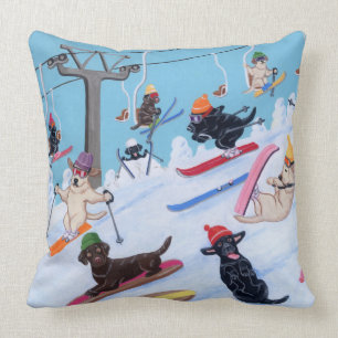 Winter Fun Skiing Labradors Throw Pillow