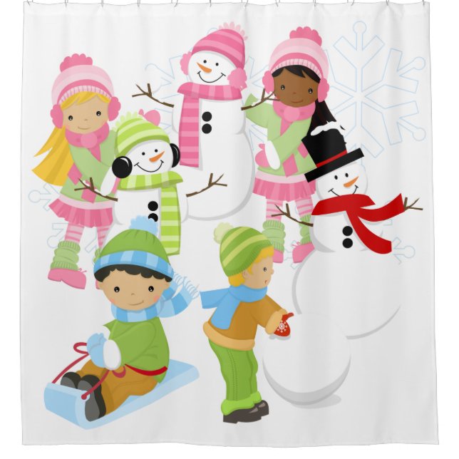 Winter Fun Snowmen Sledding Kids Shower Curtain (Front)