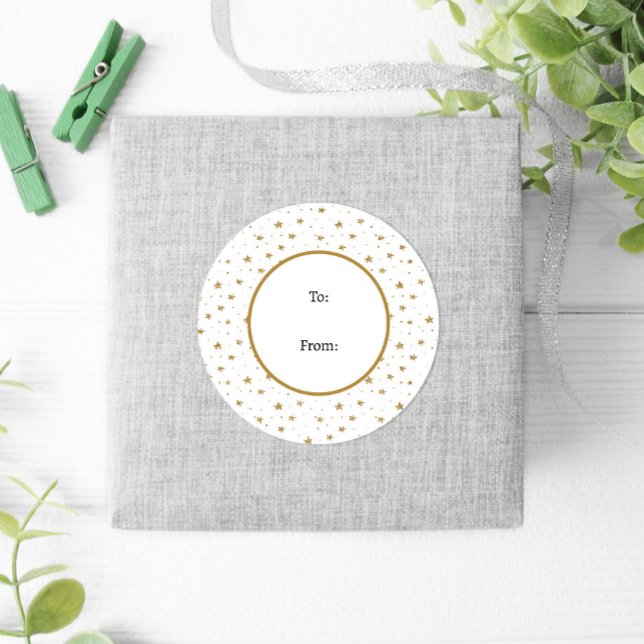 Winter Fun White Gold Stars Christmas Classic Round Sticker (Creator Uploaded)