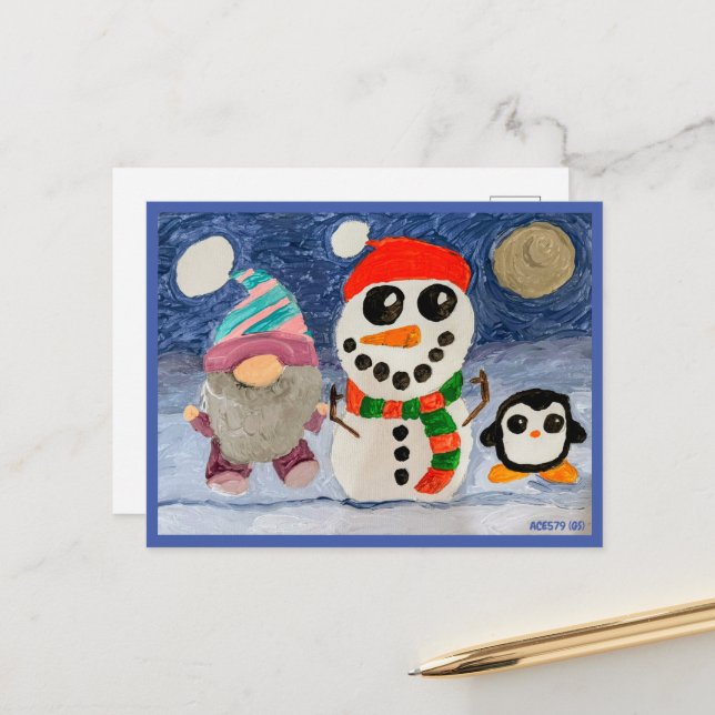 Winter Fun with Gnome, Snowman and Penguin Postcard (Front/Back In Situ)