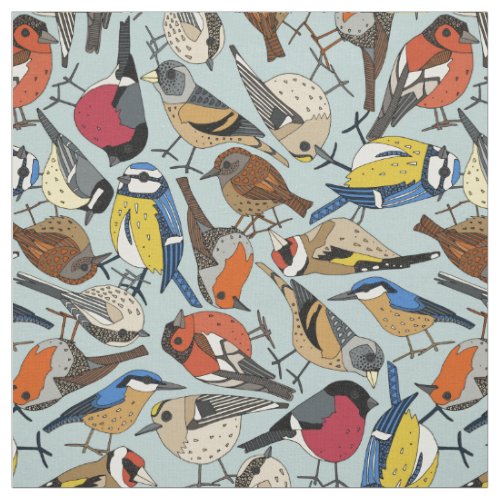 winter garden birds celadon blue fabric