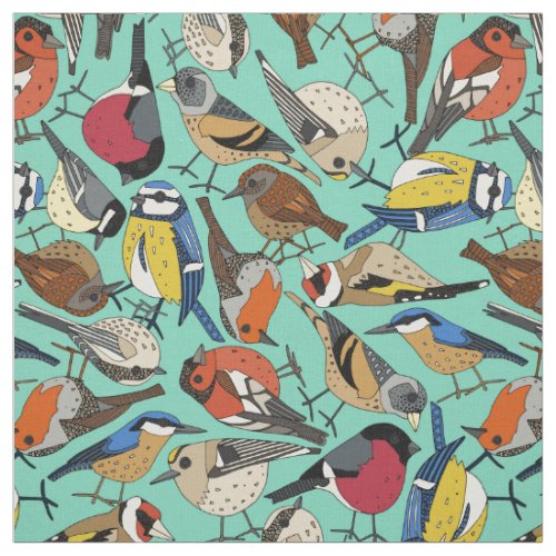 winter garden birds green fabric