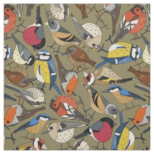 winter garden birds olive fabric