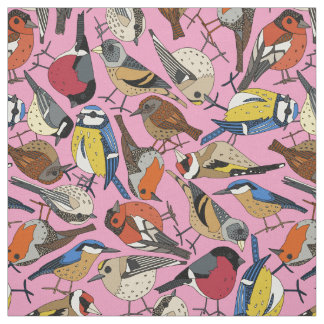 winter garden birds pastel magenta fabric