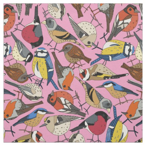 winter garden birds pastel magenta fabric