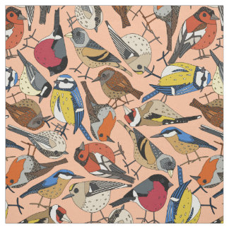 winter garden birds peach fabric