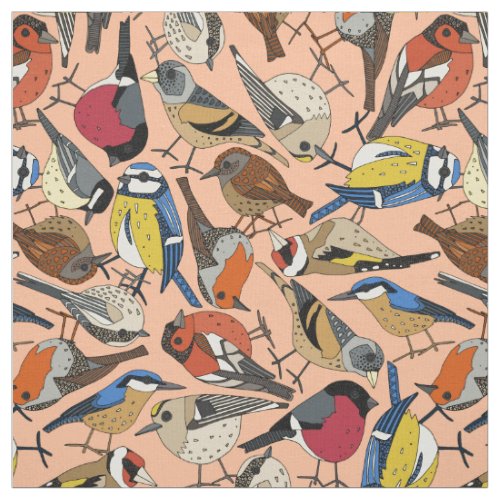 winter garden birds peach fabric
