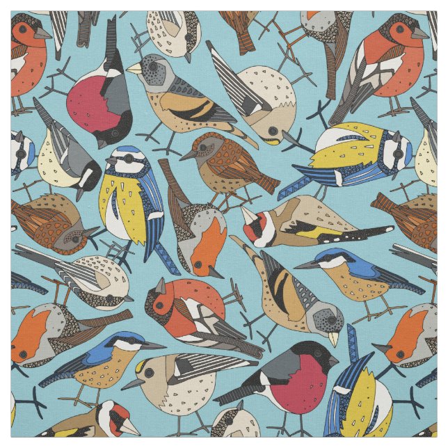 winter garden birds sky blue fabric (Swatch)