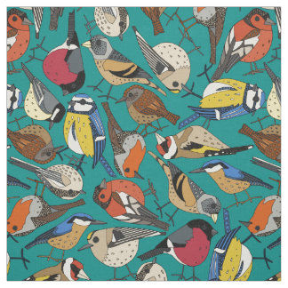 winter garden birds teal fabric