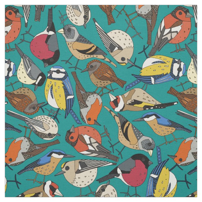 winter garden birds teal fabric (Swatch)