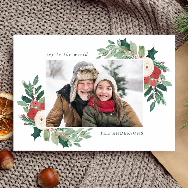 Winter Garden Red Floral and Greenery Photo Holiday Card (Creator Uploaded)