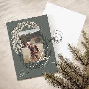 Winter Garland Wreath Joy Script Photo & Monogram Holiday Card