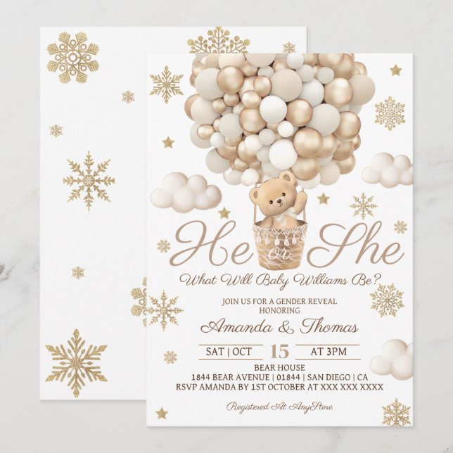 Winter Gender Reveal Bear Balloon Invitation (Front/Back)