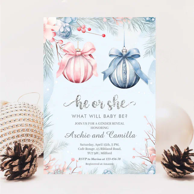 Winter Gender Reveal He Or She Party Invitation | Zazzle
