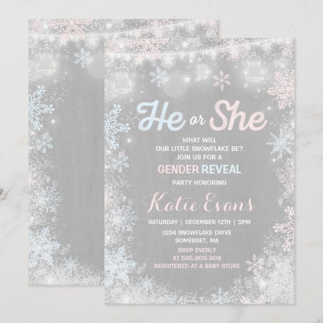 Winter Gender Reveal Invitation Rustic Reveal (Front/Back)