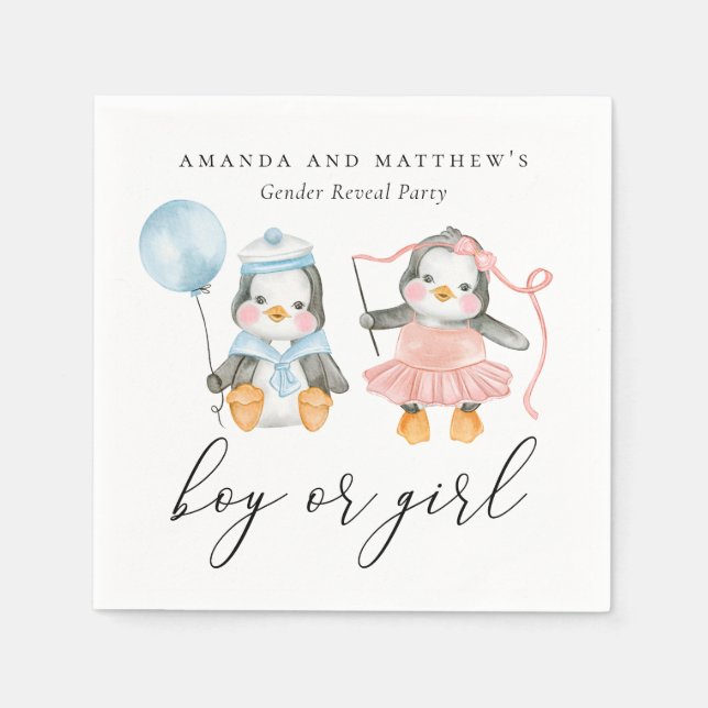 Winter Gender Reveal Penguins | Boy or Girl Party Napkins (Front)