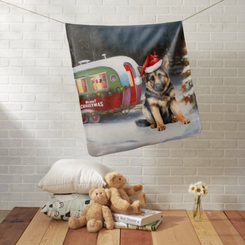 Winter German Shepherd Caravan Christmas Adventure Baby Blanket