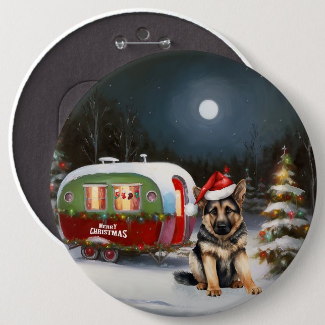 Winter German Shepherd Caravan Christmas Adventure Button (Front & Back)
