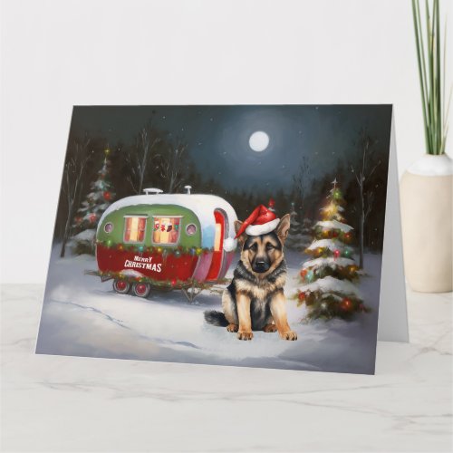Winter German Shepherd Caravan Christmas Adventure Card