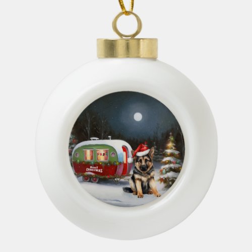 Winter German Shepherd Caravan Christmas Adventure Ceramic Ball Christmas Ornament