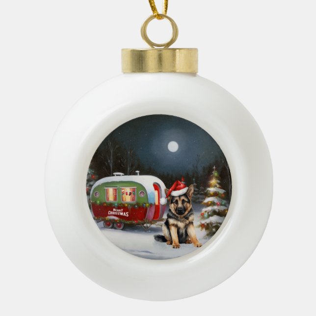 Winter German Shepherd Caravan Christmas Adventure Ceramic Ball Christmas Ornament (Front)