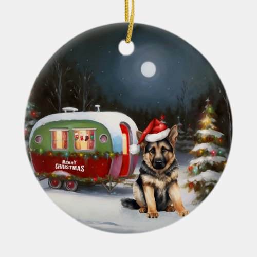 Winter German Shepherd Caravan Christmas Adventure Ceramic Ornament