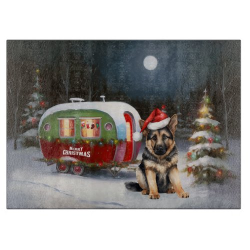 Winter German Shepherd Caravan Christmas Adventure Cutting Board