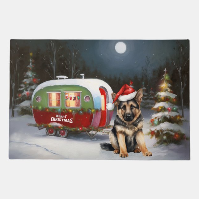 Winter German Shepherd Caravan Christmas Adventure Doormat (Front)