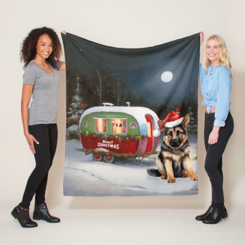 Winter German Shepherd Caravan Christmas Adventure Fleece Blanket