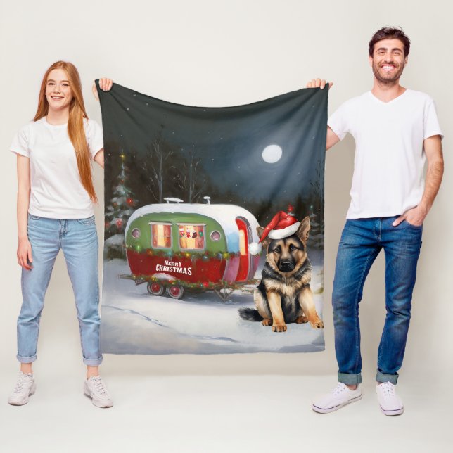 Winter German Shepherd Caravan Christmas Adventure Fleece Blanket (In Situ)