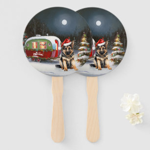 Winter German Shepherd Caravan Christmas Adventure Hand Fan