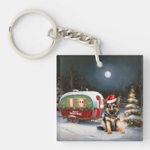 Winter German Shepherd Caravan Christmas Adventure Keychain
