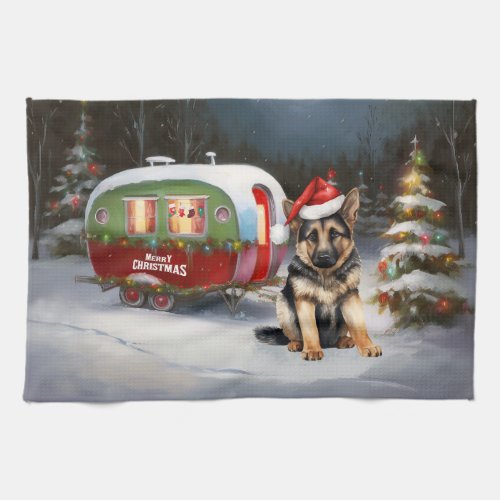 Winter German Shepherd Caravan Christmas Adventure Kitchen Towel