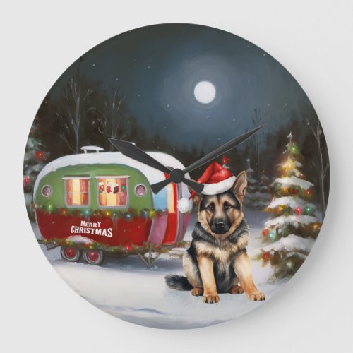 Winter German Shepherd Caravan Christmas Adventure Large Clock