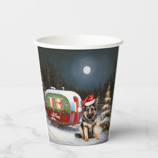 Winter German Shepherd Caravan Christmas Adventure Paper Cups (Front)
