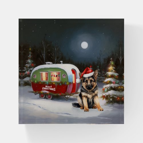Winter German Shepherd Caravan Christmas Adventure Paperweight