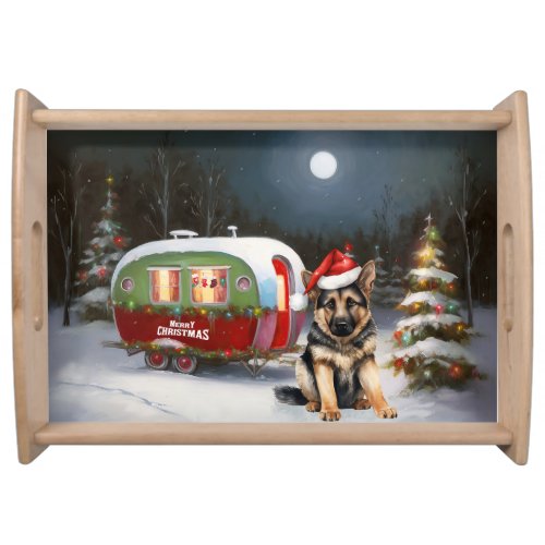Winter German Shepherd Caravan Christmas Adventure Serving Tray