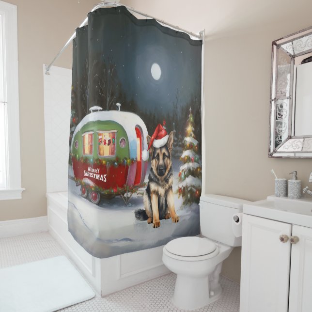Winter German Shepherd Caravan Christmas Adventure Shower Curtain (In Situ)