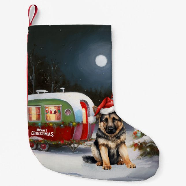 Winter German Shepherd Caravan Christmas Adventure Small Christmas Stocking (Front)