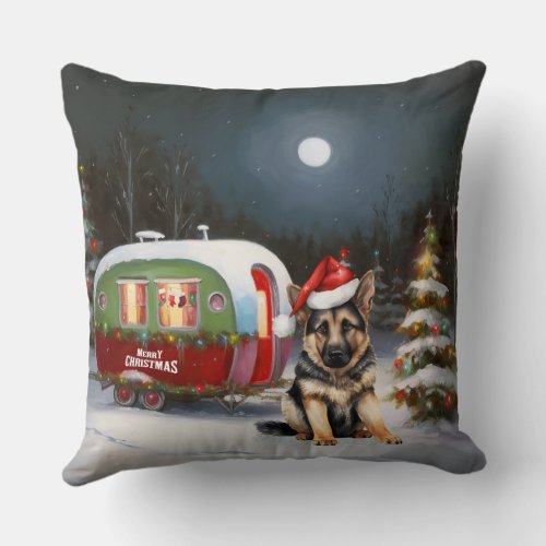 Winter German Shepherd Caravan Christmas Adventure Throw Pillow