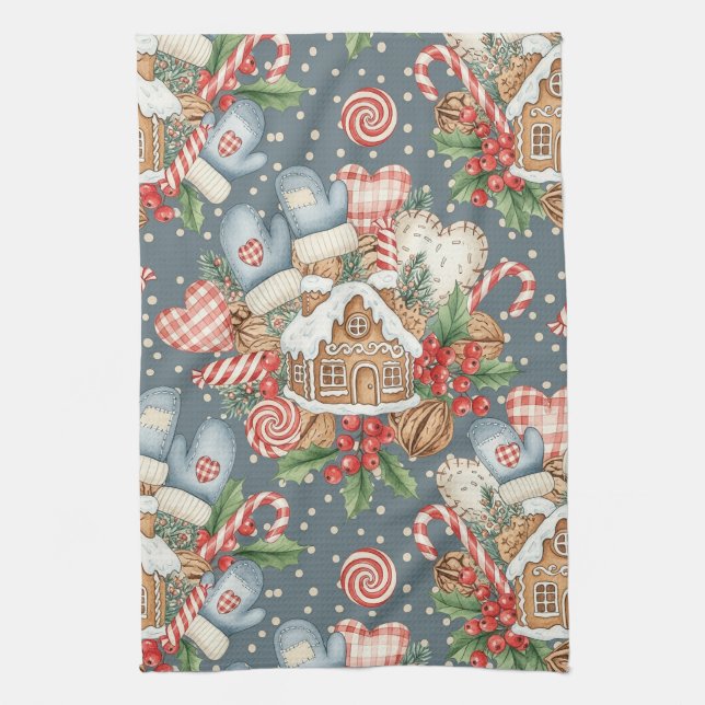Winter Gingerbread Cottage - Mittens Kitchen Towel (Vertical)