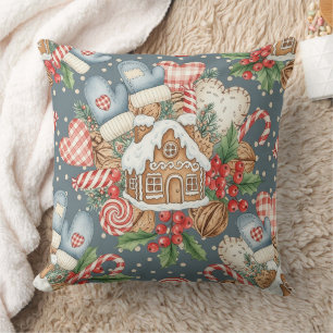 Winter Gingerbread Cottage - Mittens Throw Pillow