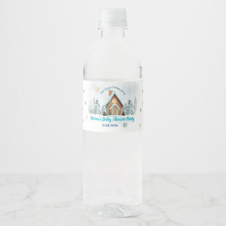 Winter Gingerbread House Blue Baby Shower Water Bottle Label