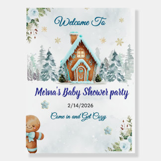 Winter Gingerbread House Blue Baby Shower Welcome Foam Board