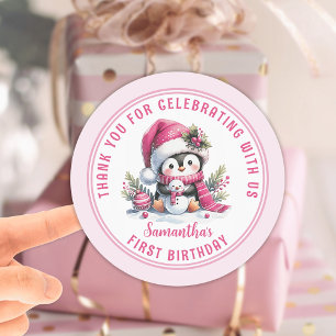 Winter Girl 1st Birthday Cute Penguin Thank You Classic Round Sticker