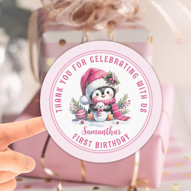 Winter Girl 1st Birthday Cute Penguin Thank You Classic Round Sticker (Creator Uploaded)